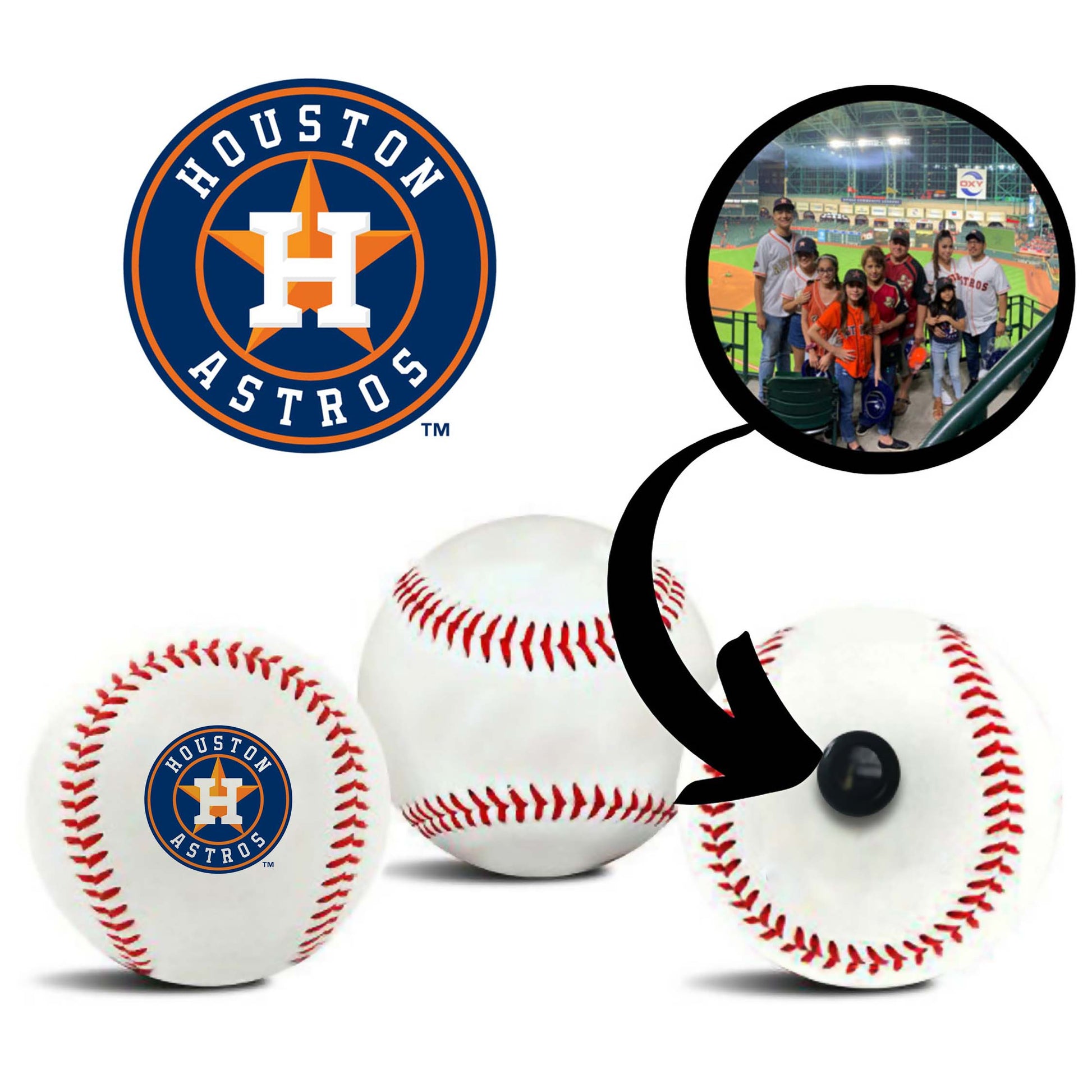 Houston Astros superfan Merced De La Cruz, center, from Houston, Texas,  poses for pictures with other fans in front of a promotional billboard  outside the stadium, ahead of the Astros second baseball